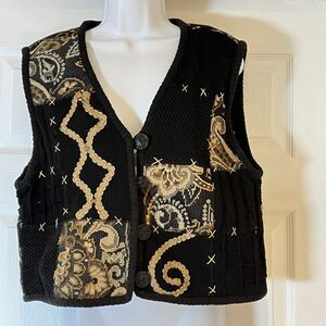 Sandy Starkman Womens Black Tan Vest XL Vintage Cableknit Patchwork Boho Buttons